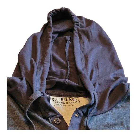 True Religion Hooded Henley Shirt Dark Blue Heathered Cotton Blend Size Medium